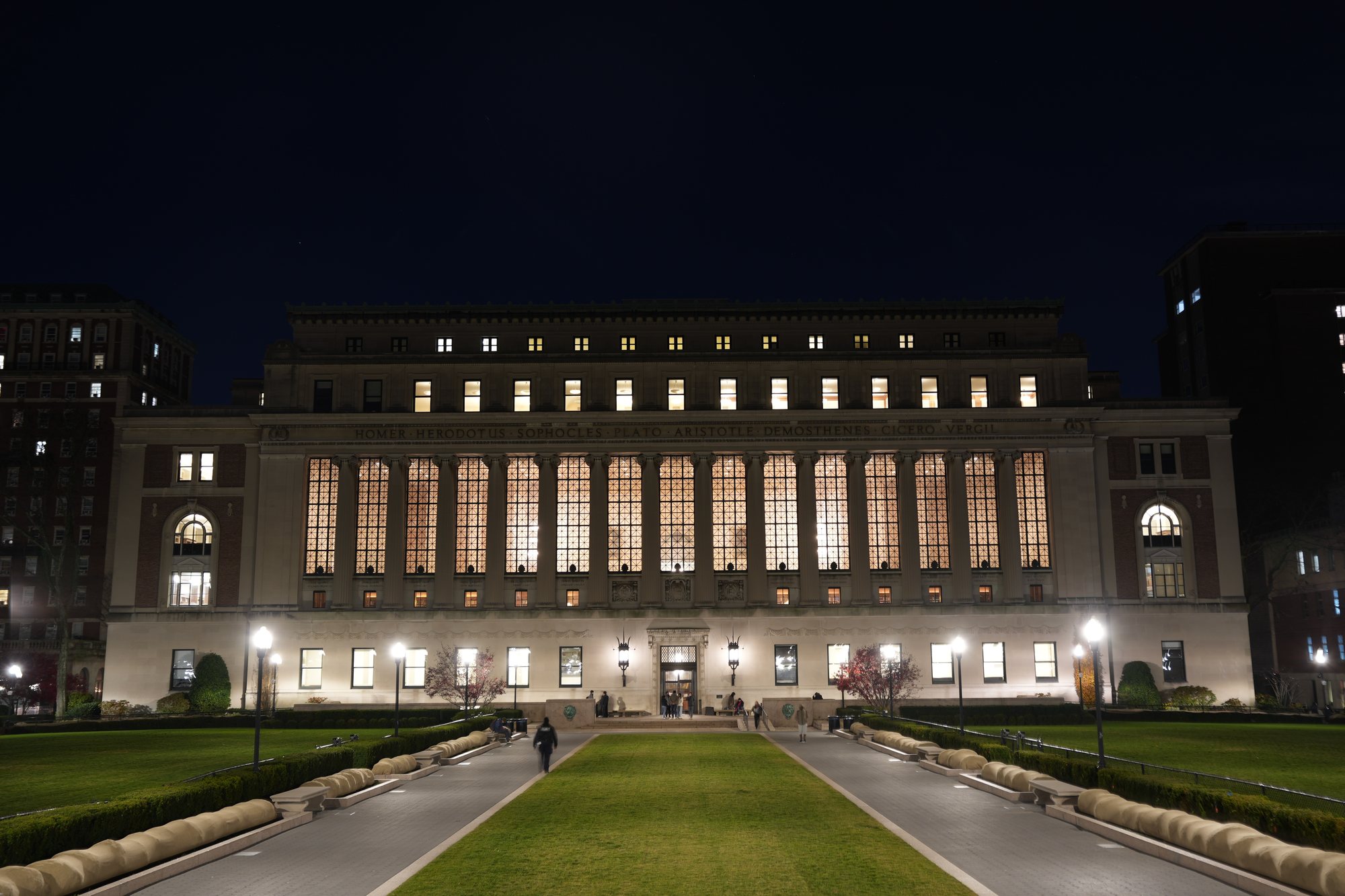 Butler Library illuminated at night on Columbia University’s campus